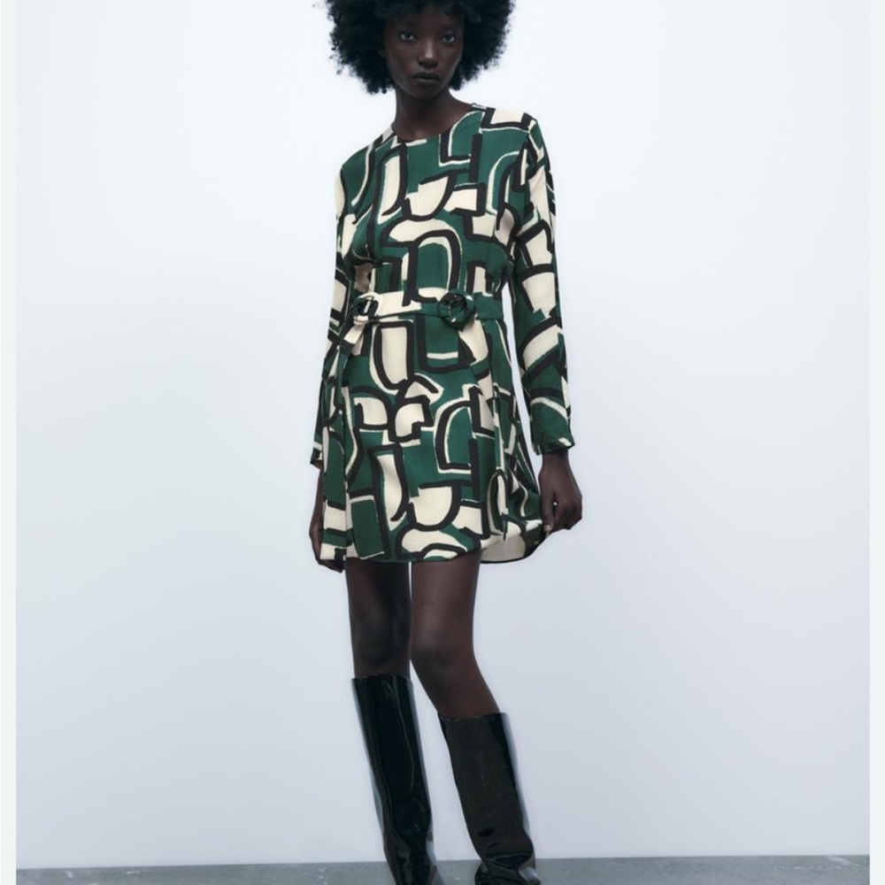 Zara Viscose Abstract Green and Cream Long Sleeve Dress